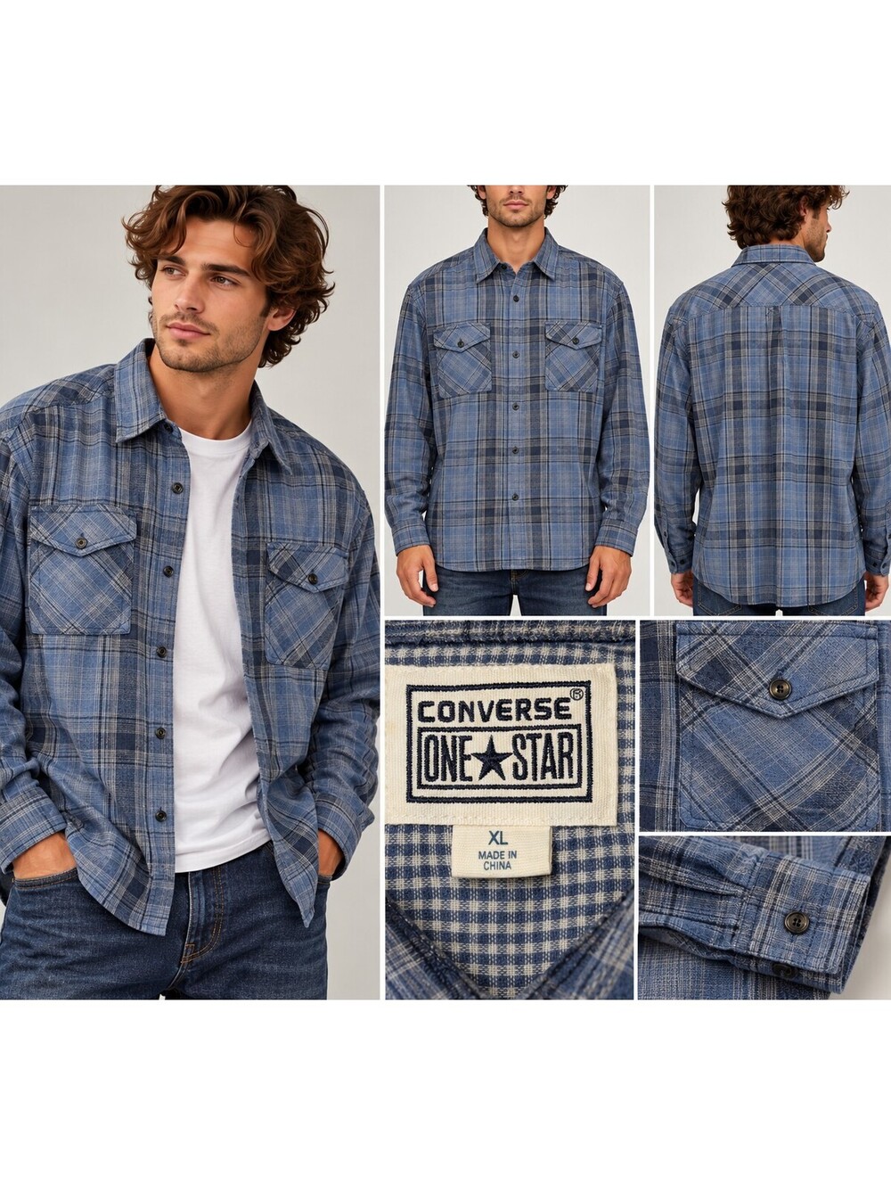 Converse One Star Men’s XL Blue Plaid Cotton Button Up Shirt Workwear